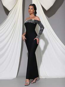 Modphy New Sexy Regular Shoulder One Shoulder Long Sleeve Heavily Embellished Luxurious Rhinestone Bodycon Maxi Bandage Dress, Elegant For Wedding, Holiday, Birthday Party, Christmas, Women's Formal Evening Gown