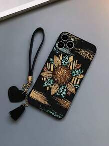 1pc Perforated Straight Edge Leopard Flower Pattern Thickened Anti-Drop Painted Phone Case With New Style Leather Heart Phone Lanyard, DIY Leather Tassel Phone Pendant, Short Wristband Accessory,International Version, Not The Domestic Version - Multicolor - View 4