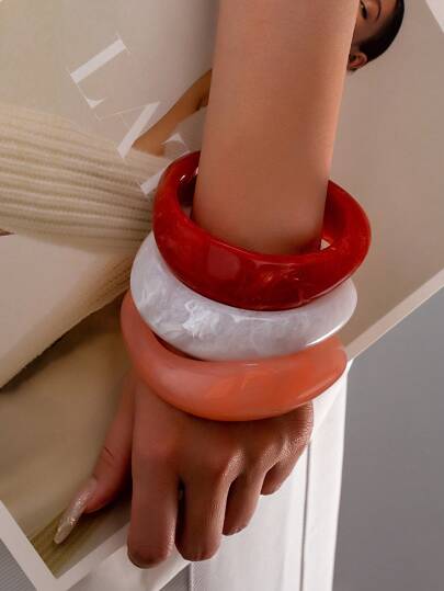 3 件/包女士粗树脂袖口手镯套装，堆叠白色粉色红色亚克力手镯，颜色多样