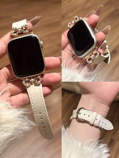 1 قطعة سوار ساعة من الجلد الأبيض اللؤلؤي للنساء مزين بفيونكة ورينستون متوافق مع مقاسات 38/40/41/44/45/49/42/46 ملم من سلسلة 11/SE3/Ultra3/Ultra/SE/SE2/10/9/8/7/6/5/4/3/2/1