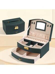 1pc Elegant Fan-Shaped 2-Layer Faux Leather Jewelry Box With Lock, Makeup Mirror, Large Capacity Dual-Option Necklace, Earring, Ring Storage, Soft Drawer, Ideal Gift For Women And Girls