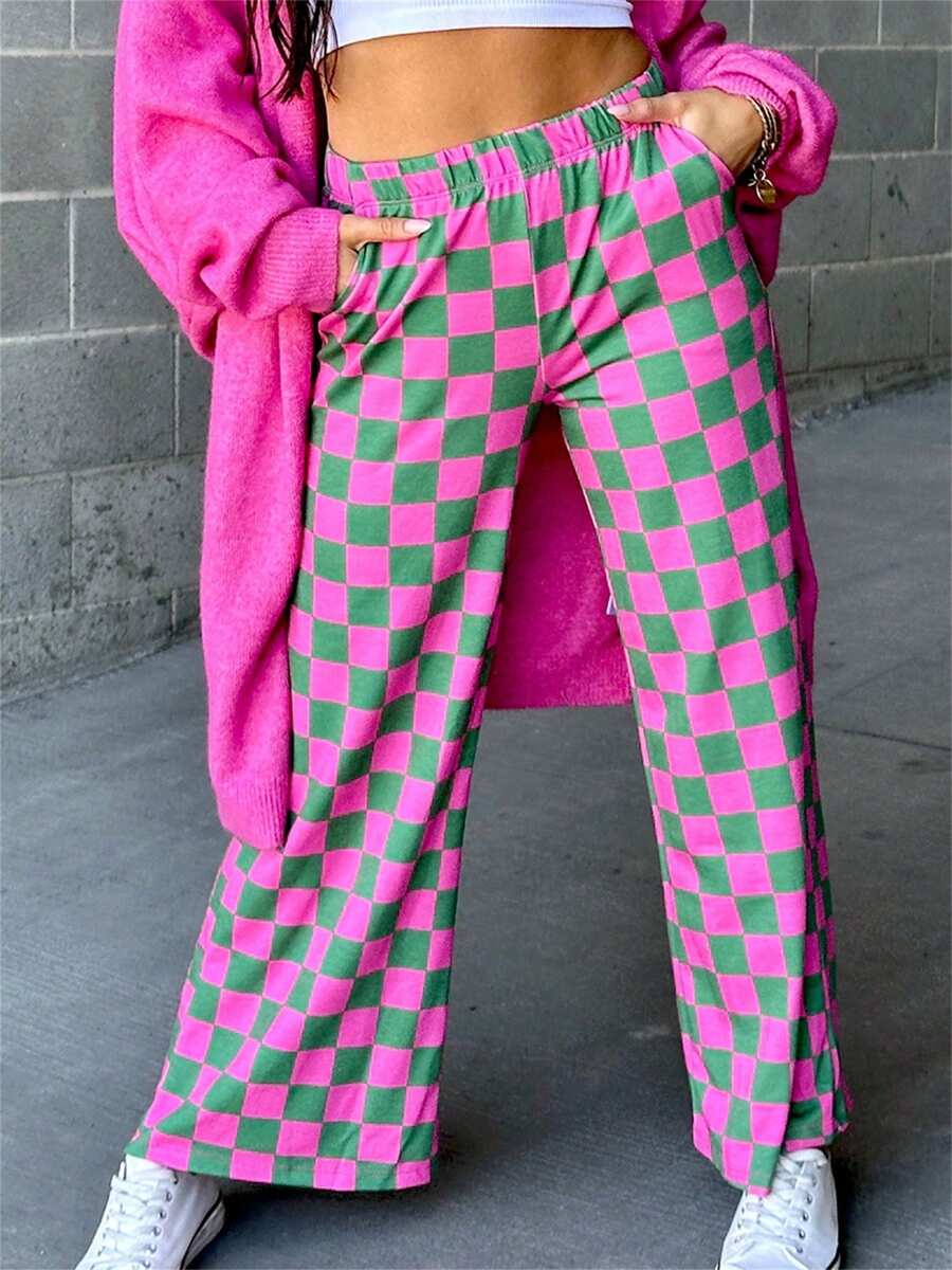 Womens Casual Checkered Print Wide Leg Pants Elastic High Waist Pants Lounge Spring Summer Casual Sweatpants Bottoms With Pockets - 西瓜紅色 - 查看 1