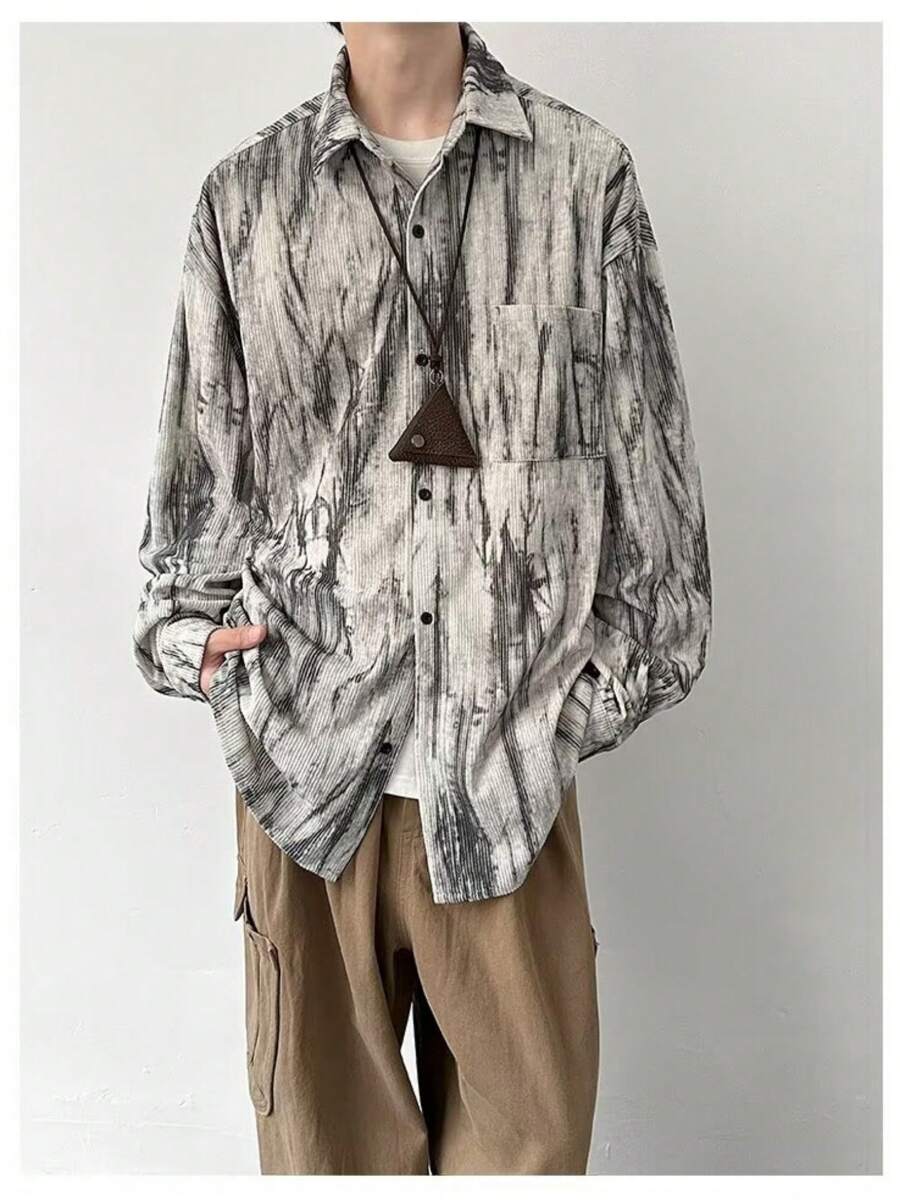 Long Sleeved Shirt, Men's Casual Spring Tie Dye Top, Outerwear, Corduroy, Ink Wash, Loose Lapel Feeling, Handsome And Rugged Men