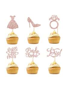12pcs/Set Glitter Bridal Paper Cupcake Toppers With Heart Ring Dress Bride Photo Props, Wedding Engagement Bachelorette Party Cake Decorations, Silver/Rose Gold