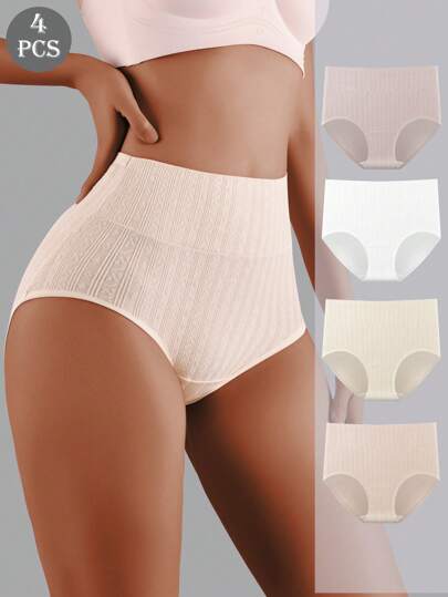 4 条装 女士纯棉提花透气高腰塑形纯色三角裤