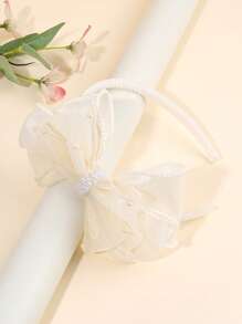 1pc Solid Color Bow Hair Band,Tulle Faux Pearl Headband,Fashion Hair Accessories For Toddlers Kids Daily Use Gifts