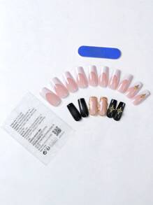 Y2K 24 片长方形按压指甲复古星镜粉法式秋冬经典假指甲带 1 个果冻胶和 1 个锉刀条美甲用品