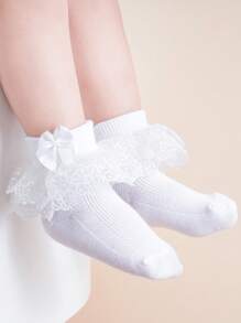 1 par de calcetines de volantes estilo princesa con lazo de encaje para niñas bebé, para primavera/verano - Blanco - Ver 2