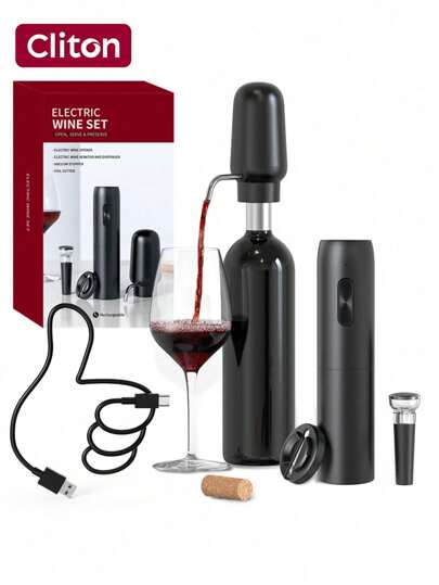 CLITON Electric Wine Opener Set, Rechargeable Electric Wine Aerator Pourer, Automatic Wine Decanter, Wine Stopper, Wine Dispenser Pump, Father's Day, Mother's Day, Christmas, Valentine's Day, Thanksgiving Gifts,Wine Bottle Opener (Black)