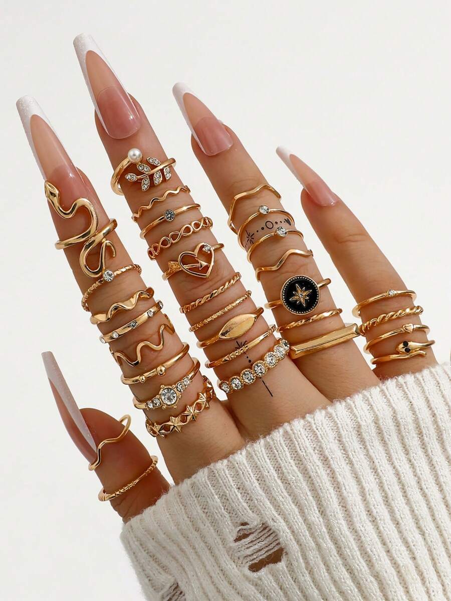 30pcs/Set Fashionable Multi-Element Rhinestone, Faux Pearl & Snake Wrap Rings Set For Women