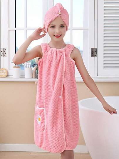 2 Pcs Kids Girls Bath Wrap Towels With Hair Towel Wrap , Bathrobe Set For Kids, Soft Absorbent Bathing Coveups Beach Swim Cover Up Shower Wrap, Back To School