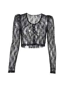 Sweet Girl Floral Lace See Through Cardigan Shirt Women Long Sleeve V Neck Slim Crop Top Beach Club Single Breasted Blouse - 黑色 - 查看 5