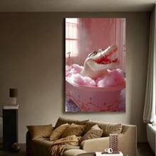 Framed Quality Print| Whimsical Pink Crocodile In Bathtub Canvas Art - High-Definition, Pine Wood Framed | Colorful Floral Dign | Ideal For Living Room, Bedroom, Office Decor | Unique Gift For Family And Friends - Đã đóng khung - Xem 3