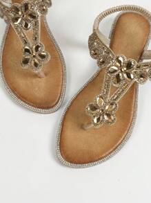 波西米亚串珠女式凉鞋，复古平底 T 型带罗马鞋，2025 年春夏新品 - 金色 - 查看 6