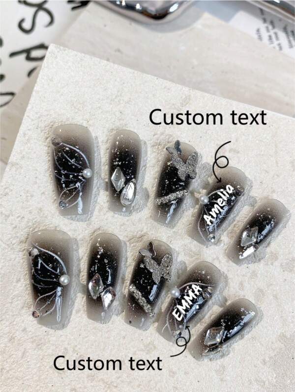 10 Stücke individuelle Aufsatz-Langnägel, Halloween Nägel, Weihnachtsnägel, Individualisierung von Weihnachts- und Halloween-Elementen, schwarzer Farbverlauf Silberfolie Schmetterling Muster Design weiße Perlenkette, Metall Schmetterling Accessoires; schwarze Nägel abnehmbar wiederverwendbar Nagelbedarf, Nagelpulver, Nagel Glitzer geeignet für Männer, Frauen für Bühne, Tanzparty, Partyszenen
