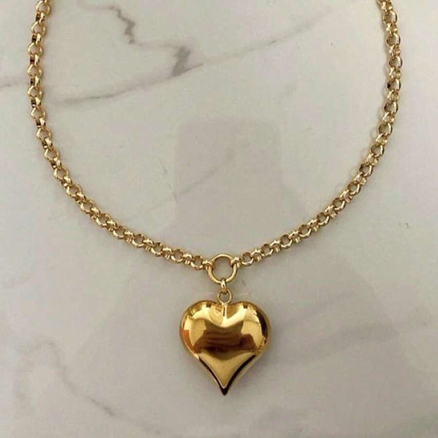1 件不锈钢金色大心形吊坠和圆形仿珍珠链项链，时尚珠宝新款，情人节、妈妈、母亲、母亲节、礼物 - 金色 - 查看 1