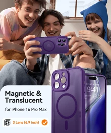 Coque magnétique compatible avec iPone 16/15/14/13/12/11, mise à niveau [Protection complète de l'appareil photo] [Compatible avec Magsafe] [Translucide mat] Coque de protection antichoc pour téléphone