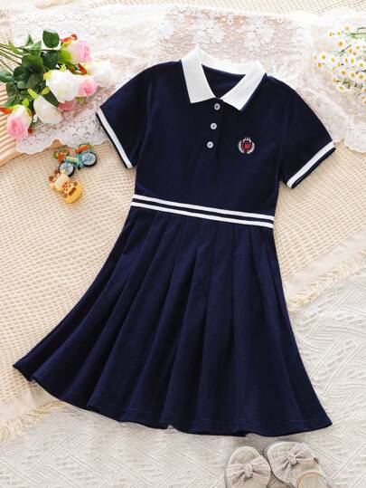 Vestido polo bordado estilo universitário minimalista e elegante casual de manga curta para meninas, saia plissada com gola A, novidade de verão