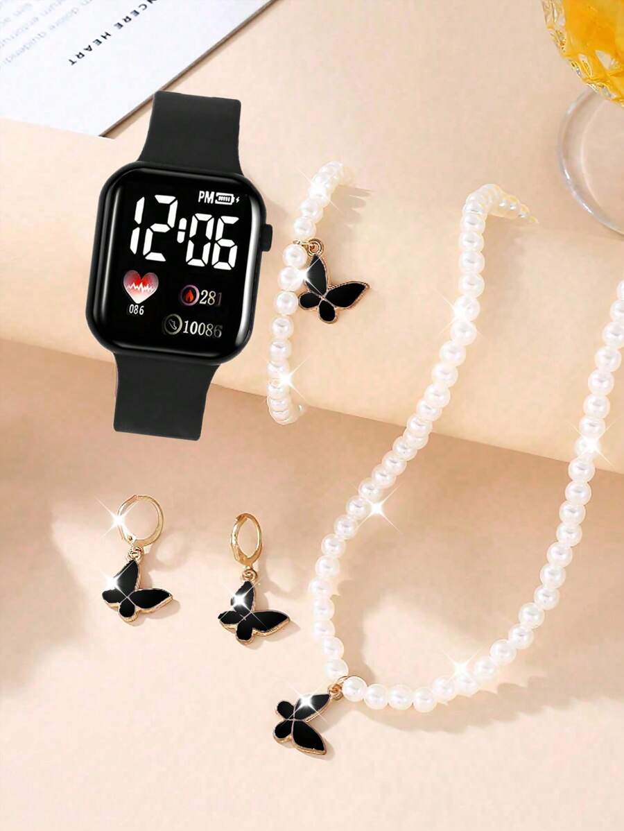 5件套礼品套装：可爱卡通心形女孩儿童运动电子手表和珠宝 - 黑色 - 查看 1