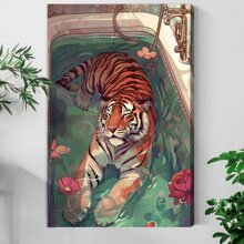1pc Framed Canvas Wall Art, Tiger In Bathtub Art Print Canvas Poster, Ideal Gift For Bedroom Living Room Hallway Dorm Wall Decor - Multicolor - View 1
