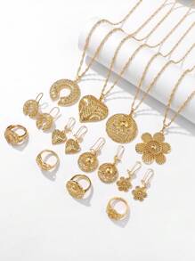 新品复古镀金项链、耳环和戒指套装，镂空制作节日庆典新娘首饰 - 鏤空花 - 查看 3