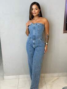 Strapless Women's Denim Jumpsuit With Spandex - Biru Marmer - View 1