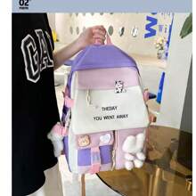 Mochila de cinco piezas tipo coreano para estudiantes de secundaria y preparatoria,moderna mochila con gran capacidad,trae una bolsa grande,una bolsa mediana,un monedero y una lapicera. - Morado - Ver 7