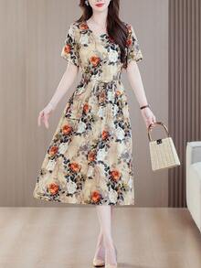 Nuovo abito estivo casual ed elegante da donna con stampa, maniche corte, lunghezza midi