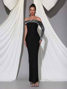 Modphy New Sexy Regular Shoulder One Shoulder Long Sleeve Heavily Embellished Luxurious Rhinestone Bodycon Maxi Bandage Dress, Elegant For Wedding, Holiday, Birthday Party, Christmas, Women's Formal Evening Gown