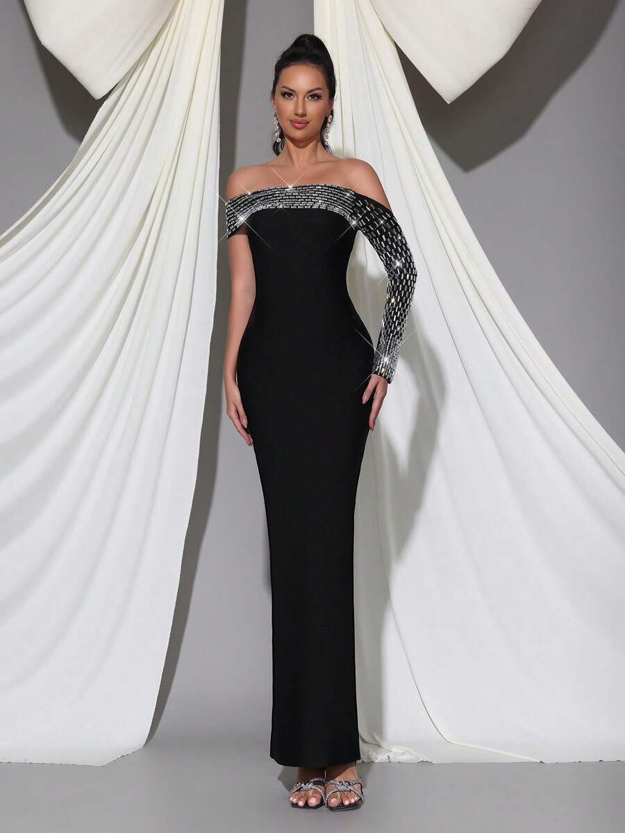 Modphy New Sexy Regular Shoulder One Shoulder Long Sleeve Heavily Embellished Luxurious Rhinestone Bodycon Maxi Bandage Dress, Elegant For Wedding, Holiday, Birthday Party, Christmas, Women's Formal Evening Gown