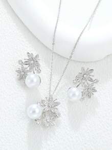 3 件套优雅铜方晶锆石花朵和珍珠耳环、吊坠项链首饰套装，非常适合新娘、婚礼、订婚、派对 - 耳環項鍊三件套裝 - 查看 16