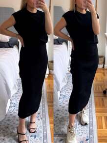 Women's 2 Piece Sweater Sets Outfits Knit Vest Pullover Bodycon Maxi Skirts Loungewear - Black - View 6