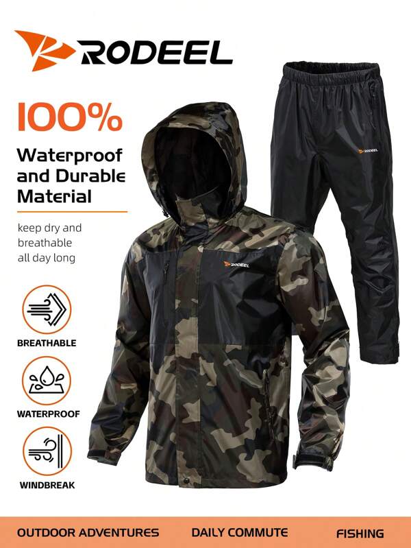 RODEEL Men's Raincoat Hooded Jacket And Pants Set For Outdoor Activities Hiking Cycling Fishing Hiking Outdoor Style