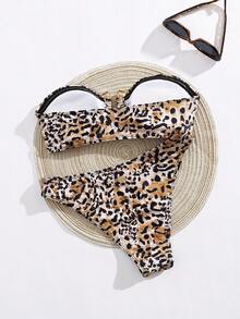 女士性感前卫豹纹金属装饰吊带泳衣（无肩带）比基尼，修身款，百搭女士泳衣，两件套，适合外出、海滩、度假、音乐节、海洋派对