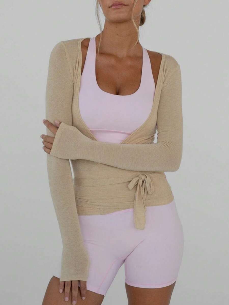 Women Y2k Long Sleeve Workout Tops Cross Wrap Tie Tops Sexy Deep V Neck Bandage Surplice Wrap Crop Top Solid Color Casual Slim Fit T-Shirts Fitness Gym Yoga Athletic Blouses Tops Sportswear Dance Ballet Dancewear - 棕色 - 查看 1