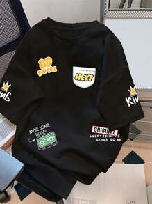 青少年男孩和女孩涂鸦设计宽松卡通口号图案夏季可爱百搭圆领 T 恤