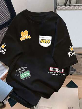 青少年男孩和女孩涂鸦设计宽松卡通口号图案夏季可爱百搭圆领 T 恤