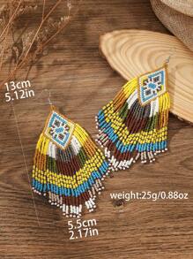 复古波西米亚风种子珠耳环，几何钻石形状，长流苏吊坠，手工编织玻璃珠，适合女性日常、度假、休闲装、派对首饰