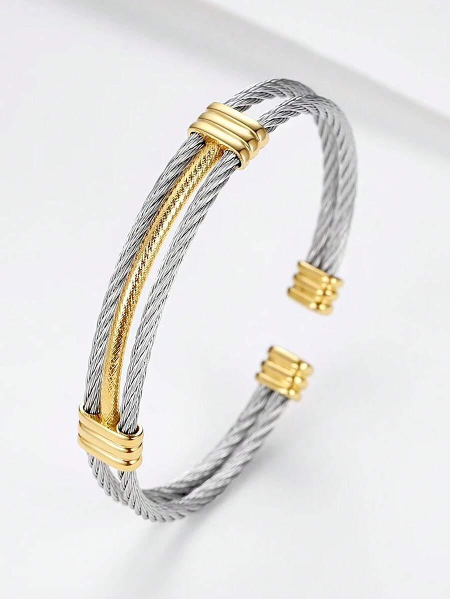 1 Vòng tay hai lớp bằng thép không gỉ thời trang có thể điều chỉnh hai tông màu, phù hợp cho nam và nữ, đeo hàng ngày, Giáng sinh, Trang sức ngày lễ tình nhân, Mẹ, Mẹ, Ngày của Mẹ, Quà tặng