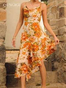 Vestito midi con fantasia floreale boho, abito da sole con balze asimmetriche, spalline regolabili e orlo a balze fluido. Perfetto per le giornate estive in spiaggia, che combina fascino senza sforzo e atmosfera romantica - Arancione - Visualizzare 7