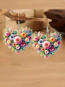 1 Pair Of 2D Acrylic Heart-Shaped Flower Earrings, Women's Fashionable Pendant Earrings, Suitable For Mother's Day, Christmas, Valentine's Day As Gifts, Suitable For Daily Wear,Mom,Mother,Mother's Day,Gift