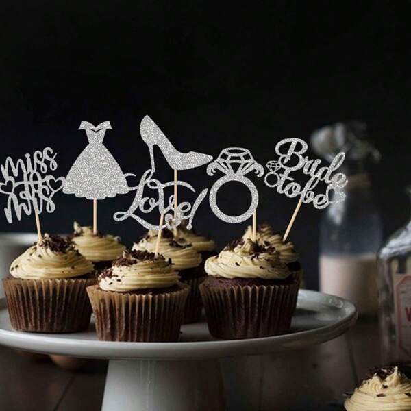 12pcs/Set Glitter Bridal Paper Cupcake Toppers With Heart Ring Dress Bride Photo Props, Wedding Engagement Bachelorette Party Cake Decorations, Silver/Rose Gold