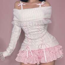 Women Y2K Off Shoulder Knit Sweaters Lace Trim Lace Up Back Long Sleeve Pullovers Jumper Tops Fall Winter Casual Knitwear Lolita Clothes - 白色 - 查看 1