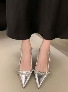 Tacones altos de mujer, tacones altos puntiagudos, tacón abierto, a la moda y versátiles - Plateado - Ver 2