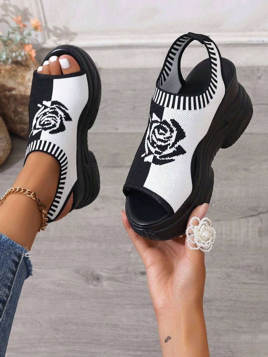 Sandalias de cuña de moda para el verano 2025, zapatos casuales y versátiles para mujer, sandalias de plataforma, sandalias de tacón alto, en negro y blanco, sandalias de flores para la playa