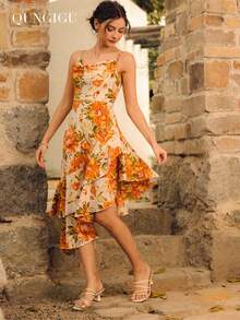 Vestito midi con fantasia floreale boho, abito da sole con balze asimmetriche, spalline regolabili e orlo a balze fluido. Perfetto per le giornate estive in spiaggia, che combina fascino senza sforzo e atmosfera romantica - Arancione - Visualizzare 4