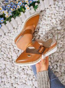 女士时尚坡跟厚底高跟鞋（尺码偏小），复古交叉带尖头高跟鞋，皮革厚底休闲通勤高跟鞋，百搭透气厚底高跟鞋，适合海滩、派对、旅行 - 棕色 - 查看 3