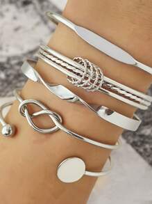 5pcs/Set Gelang Bangle Lebar Bergaya Vintage, Gelang Manset Asimetris Emas Halus Cocok Sebagai Hadiah Untuk Anak Perempuan, Teman - Perak - View 2