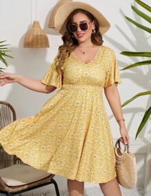 GoyRrbay Women's Plus Size V Neck Midi Dress Casual Floral Dresses Summer Short Sleeve Sundress With Pockets - Màu vàng - Xem 4