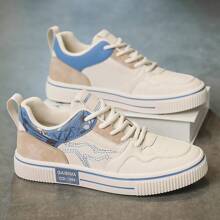 春季男士时尚休闲系带运动鞋新款休闲运动平底白鞋学生滑板鞋 - 藍白色 - 查看 5